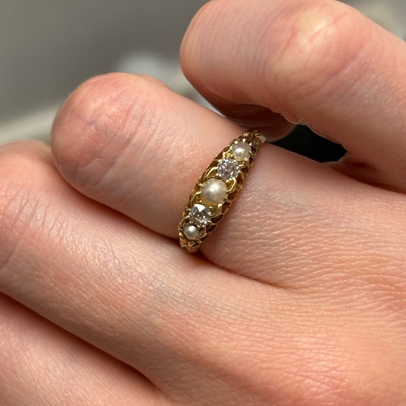 Antique c1894 18kt yellow gold diamonds and pearls ring - Picture 6 of 6